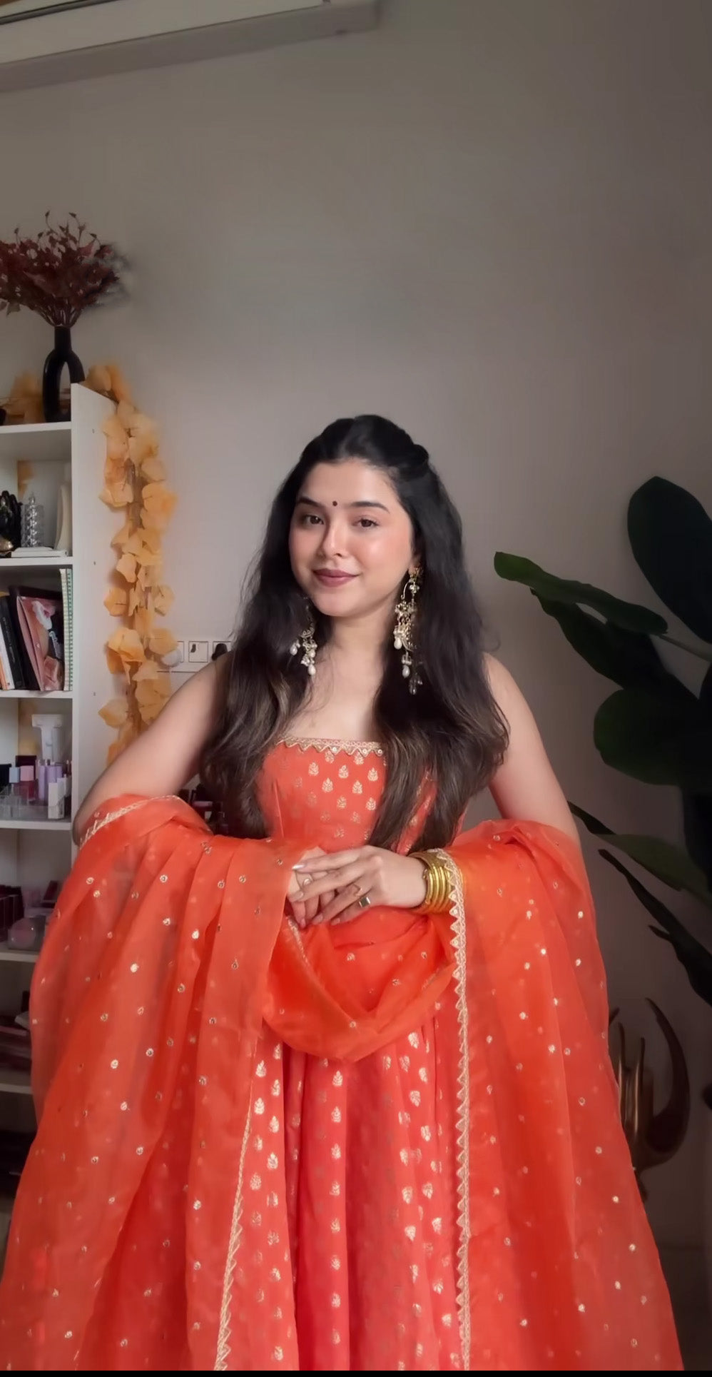 Orange Color  Jacquard Anarkali Gown