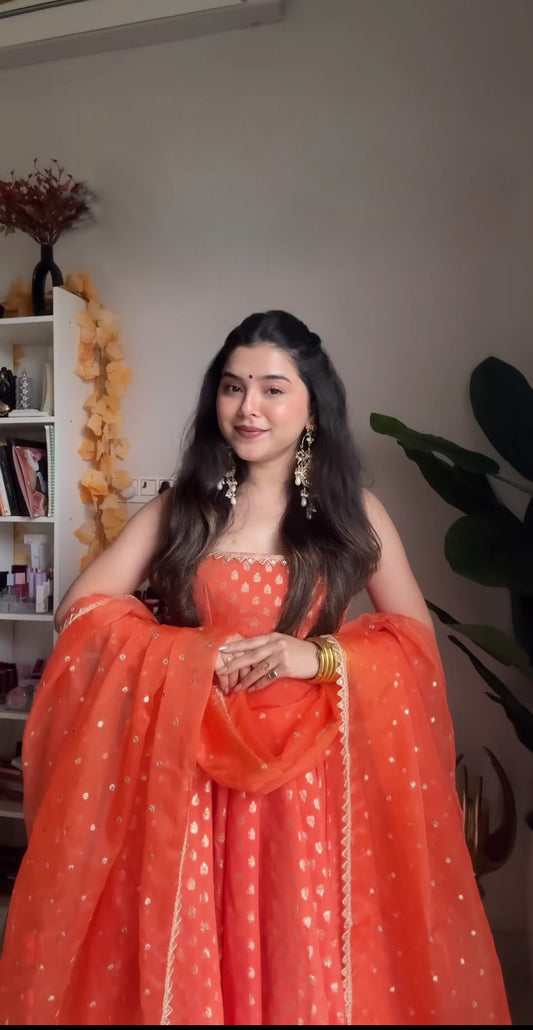 Orange Color  Jacquard Anarkali Gown