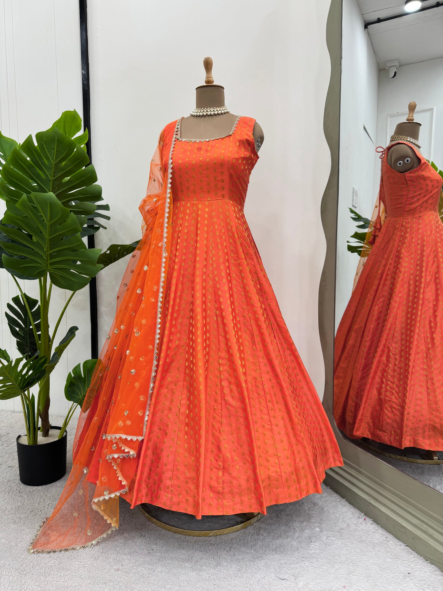 Orange Color  Jacquard Anarkali Gown