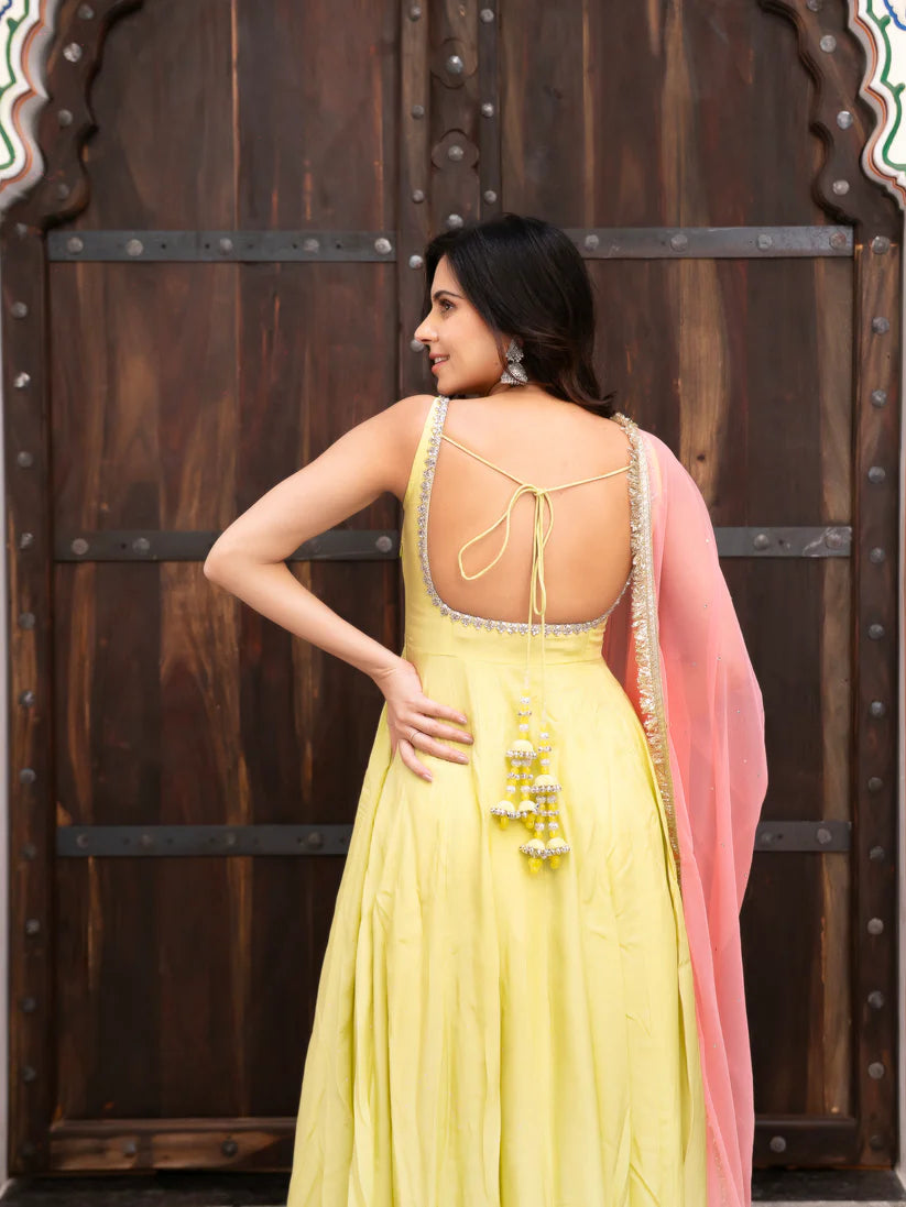Designer Yellow Faux Georgette Anarkali Suit Set