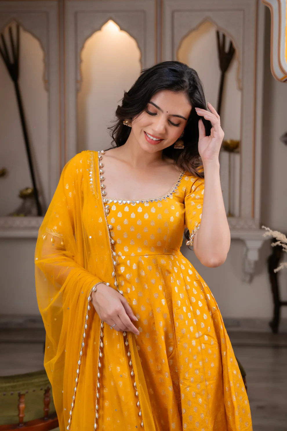 Marigold Yellow Jacquard Anarkali Suit