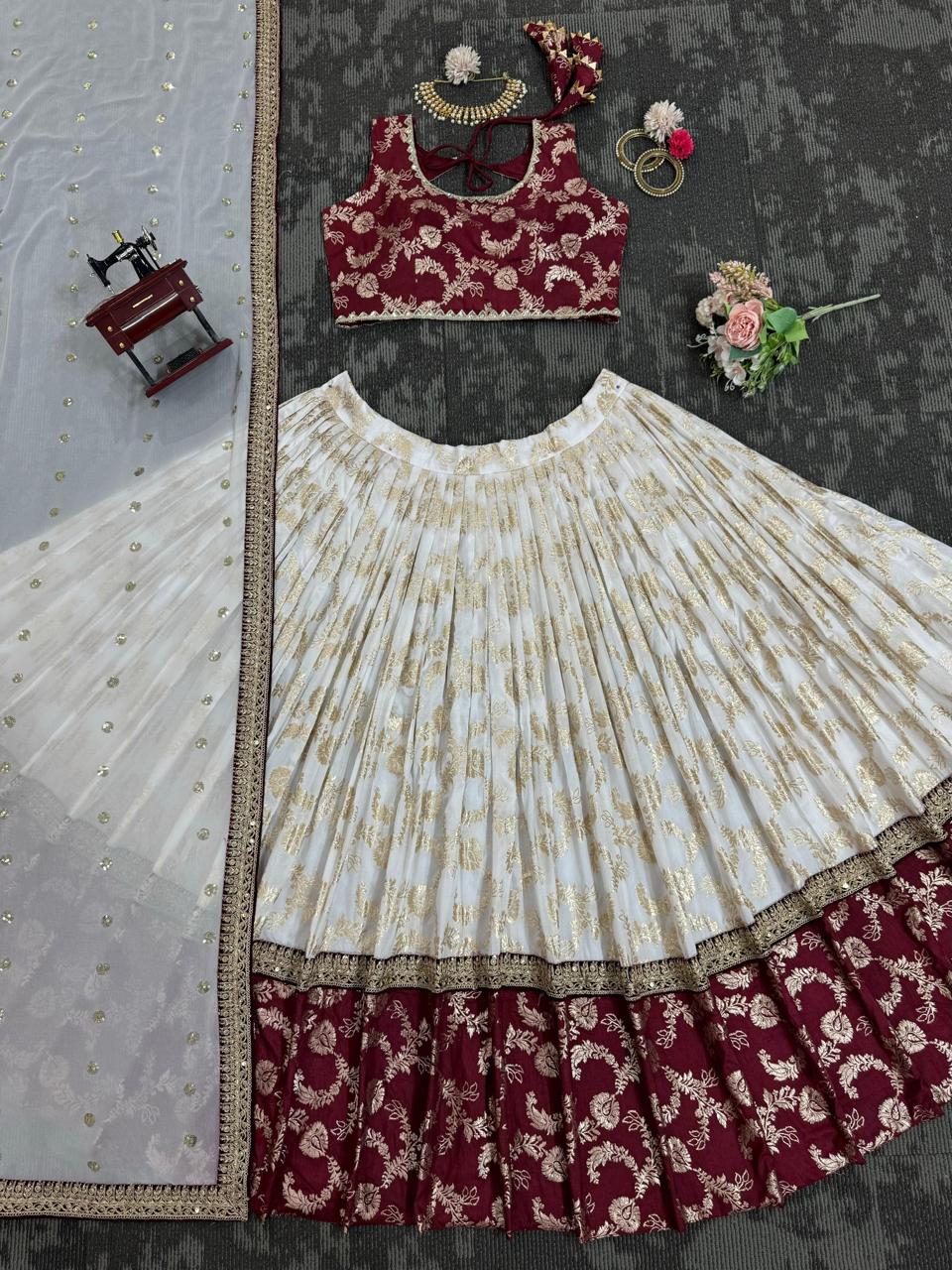 Presenting Wedding Special White and Maroon lehenga