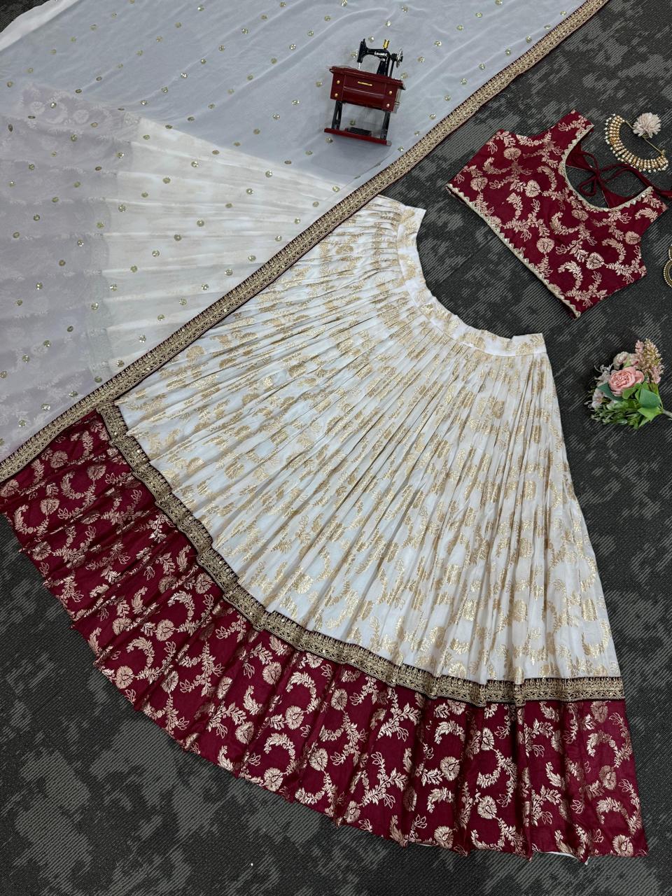 Presenting Wedding Special White and Maroon lehenga