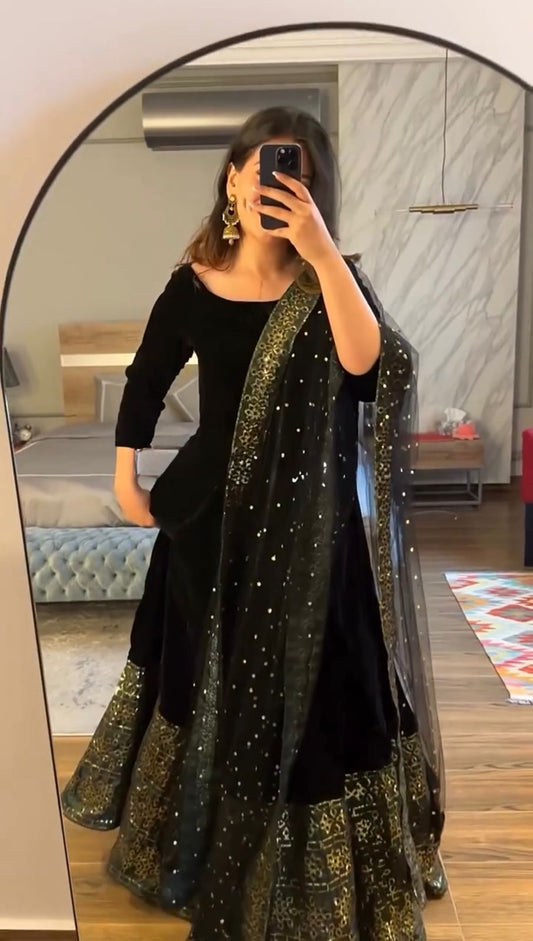 Trending Black Color Velvet Anarkali Gown with Dupatta