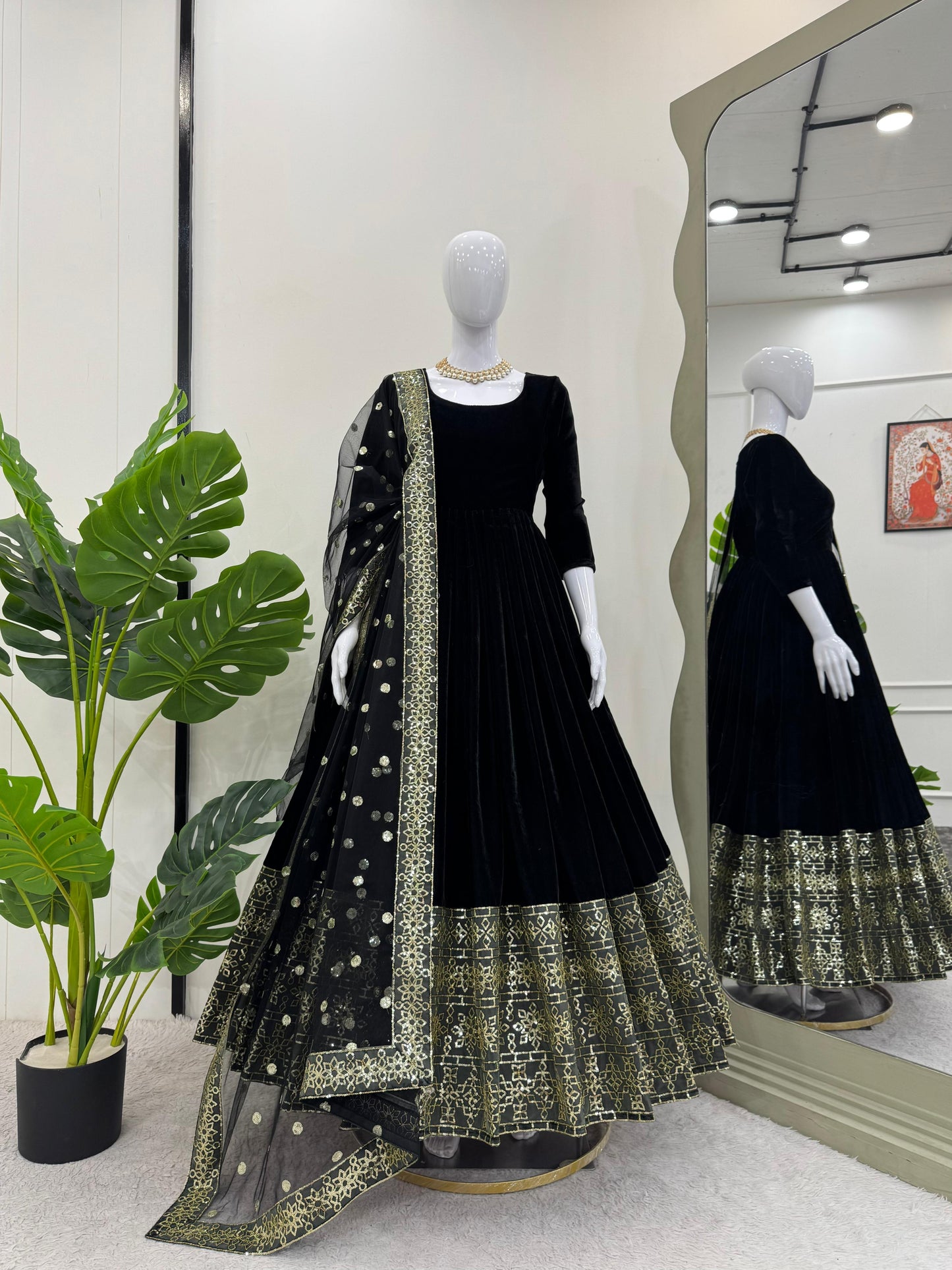 Trending Black Color Velvet Anarkali Gown with Dupatta