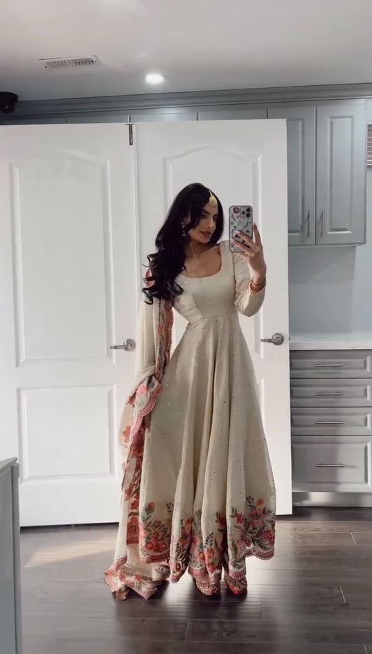 Off White Chinon silk Anarkali Suit