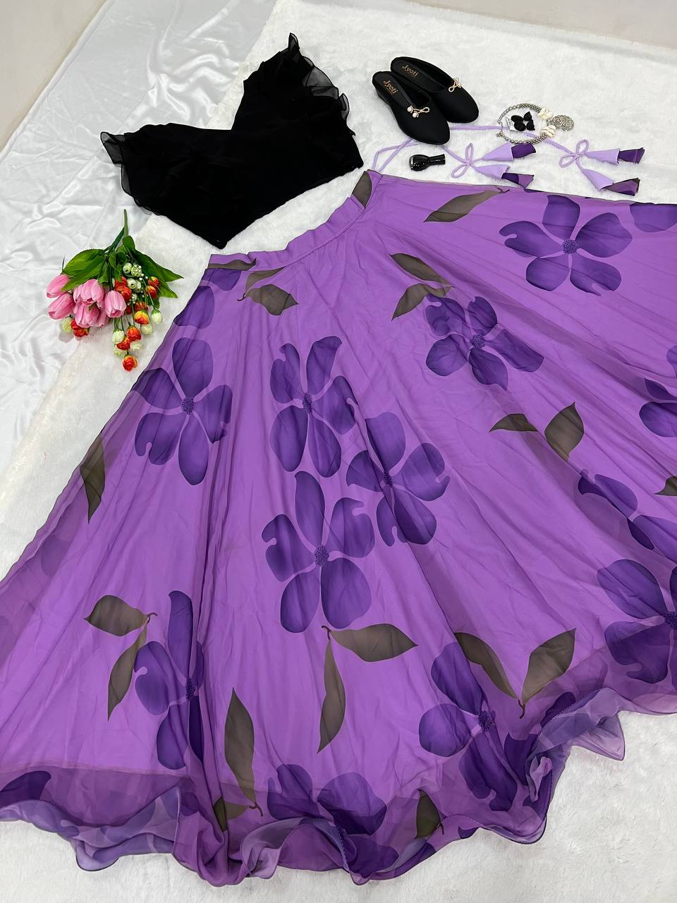 Designer Floral Print Black With Purple Color Lehenga Choli