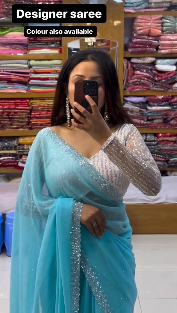 Designer Faux Georgette Saree with Hot Fix work