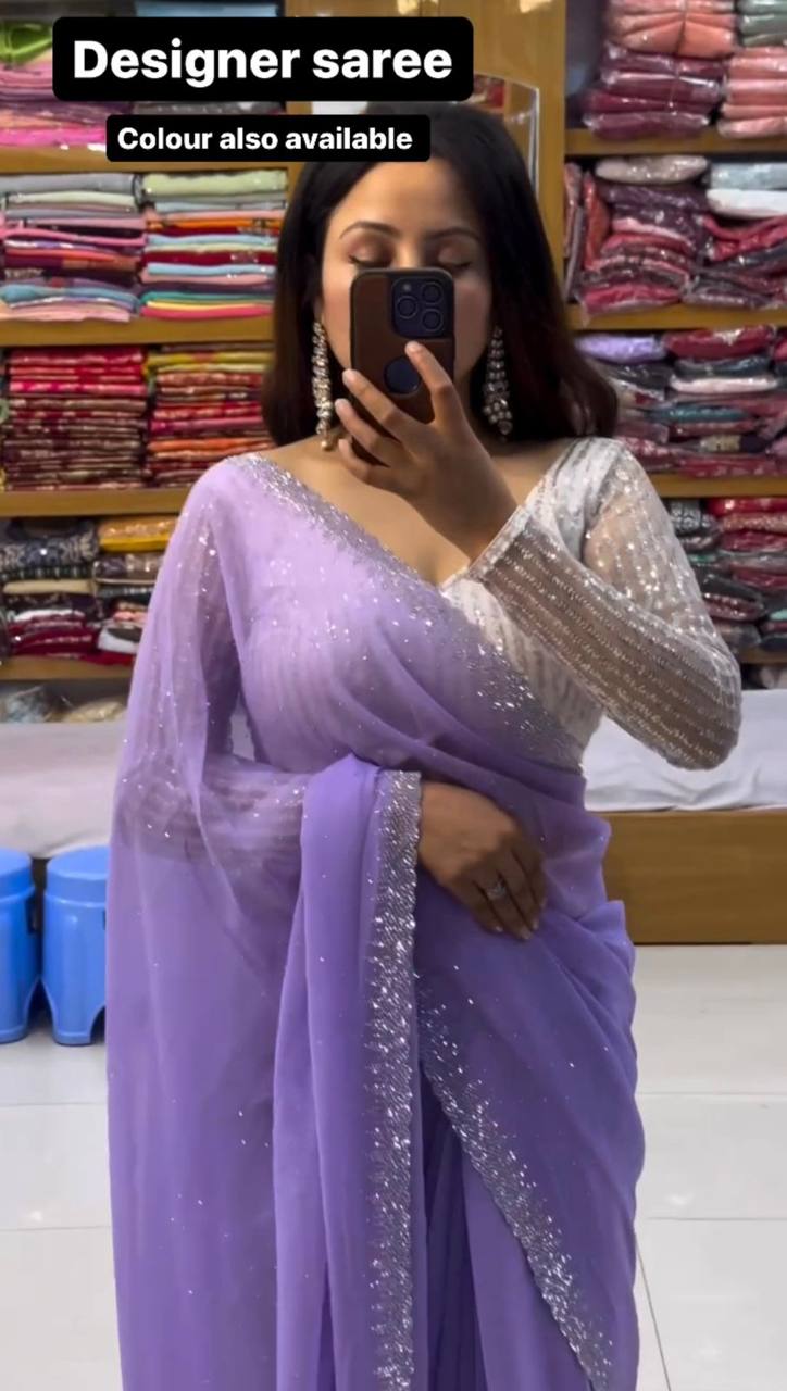 Designer Faux Georgette Saree with Hot Fix work