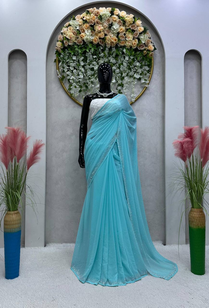 Designer Faux Georgette Saree with Hot Fix work