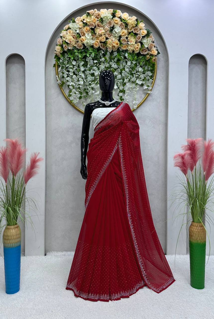 Designer Faux Georgette Saree with Hot Fix work