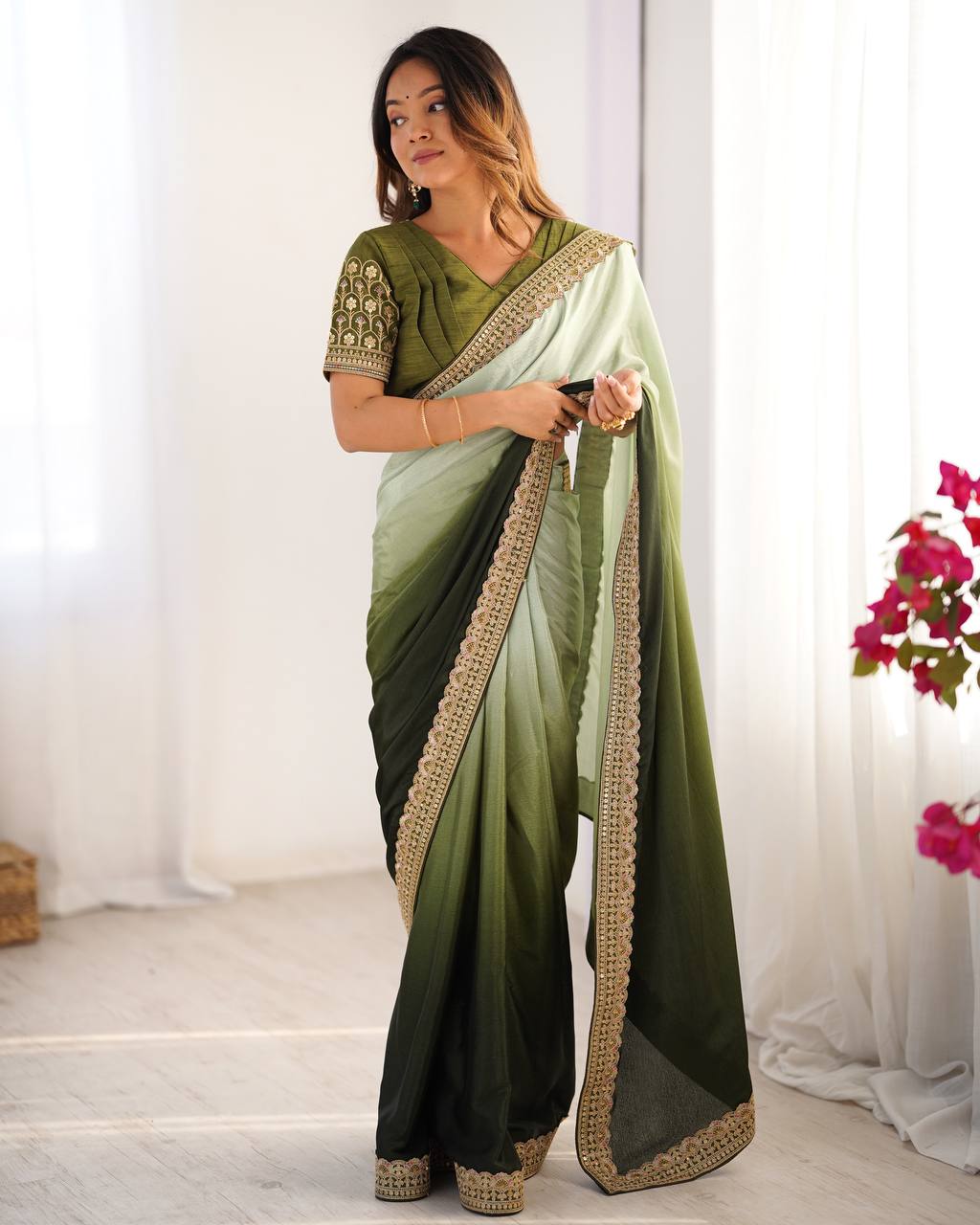 Thread and Sequence Work Chinon Silk Saree