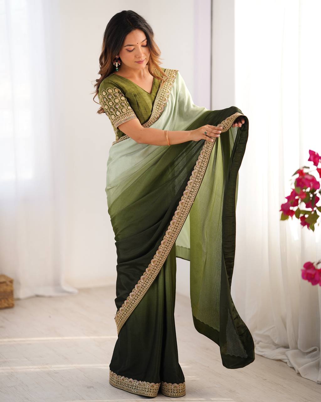 Thread and Sequence Work Chinon Silk Saree