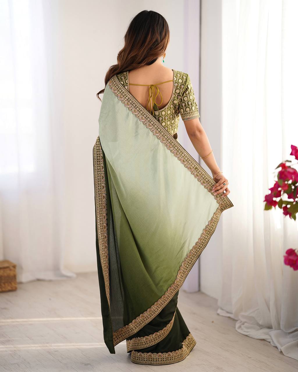 Thread and Sequence Work Chinon Silk Saree