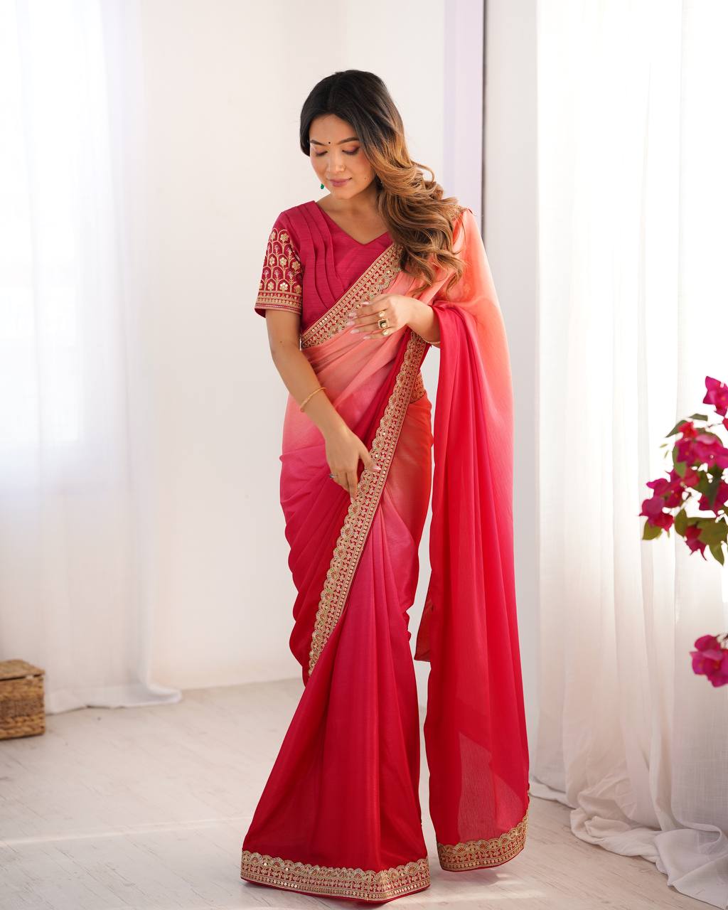 Thread and Sequence Work Chinon Silk Saree