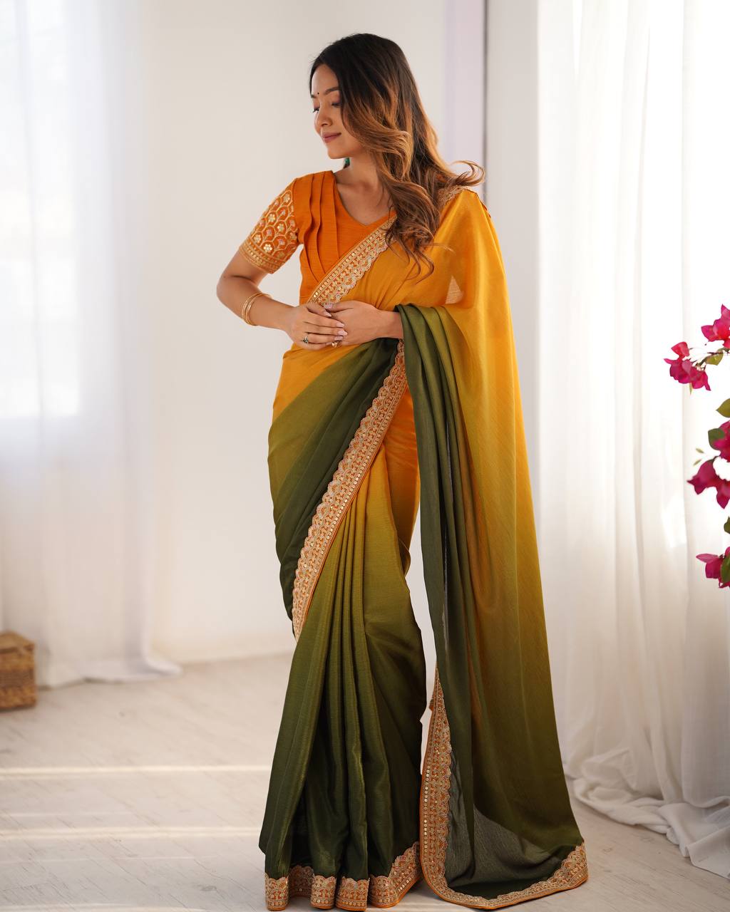 Thread and Sequence Work Chinon Silk Saree
