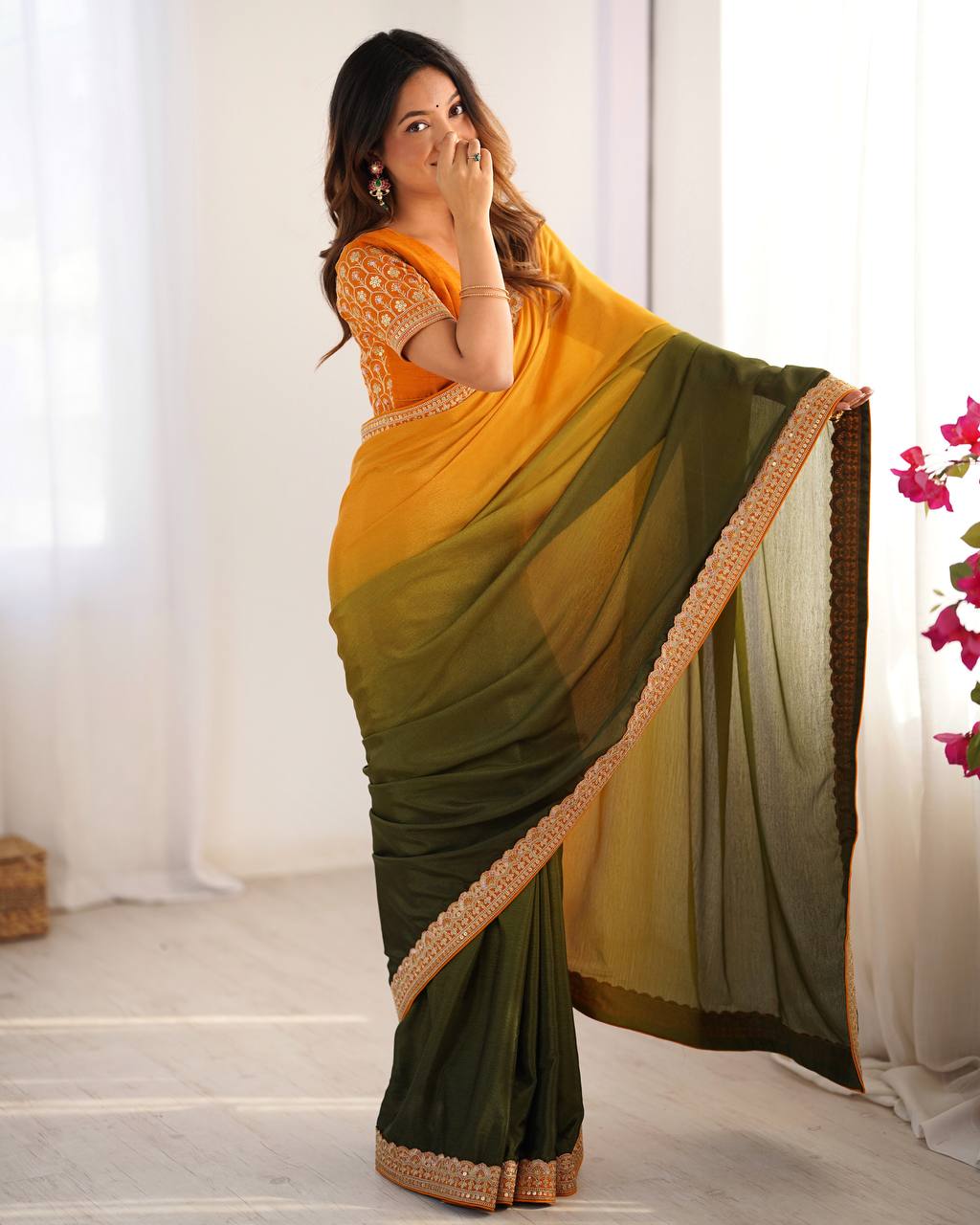 Thread and Sequence Work Chinon Silk Saree
