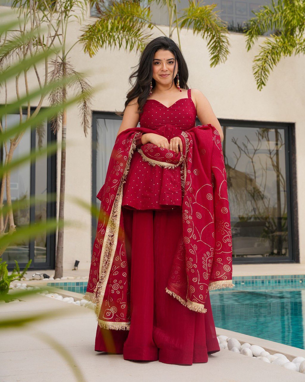Trending Maroon Color Top and Palazzo with Dupatta
