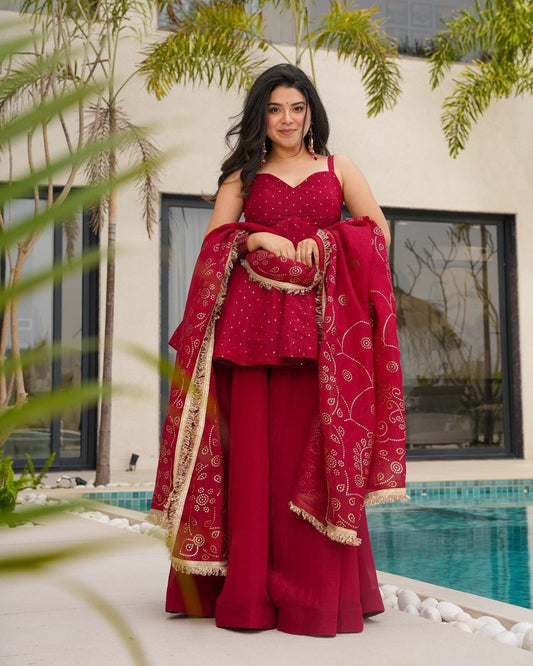 Trending Maroon Color Top and Palazzo with Dupatta