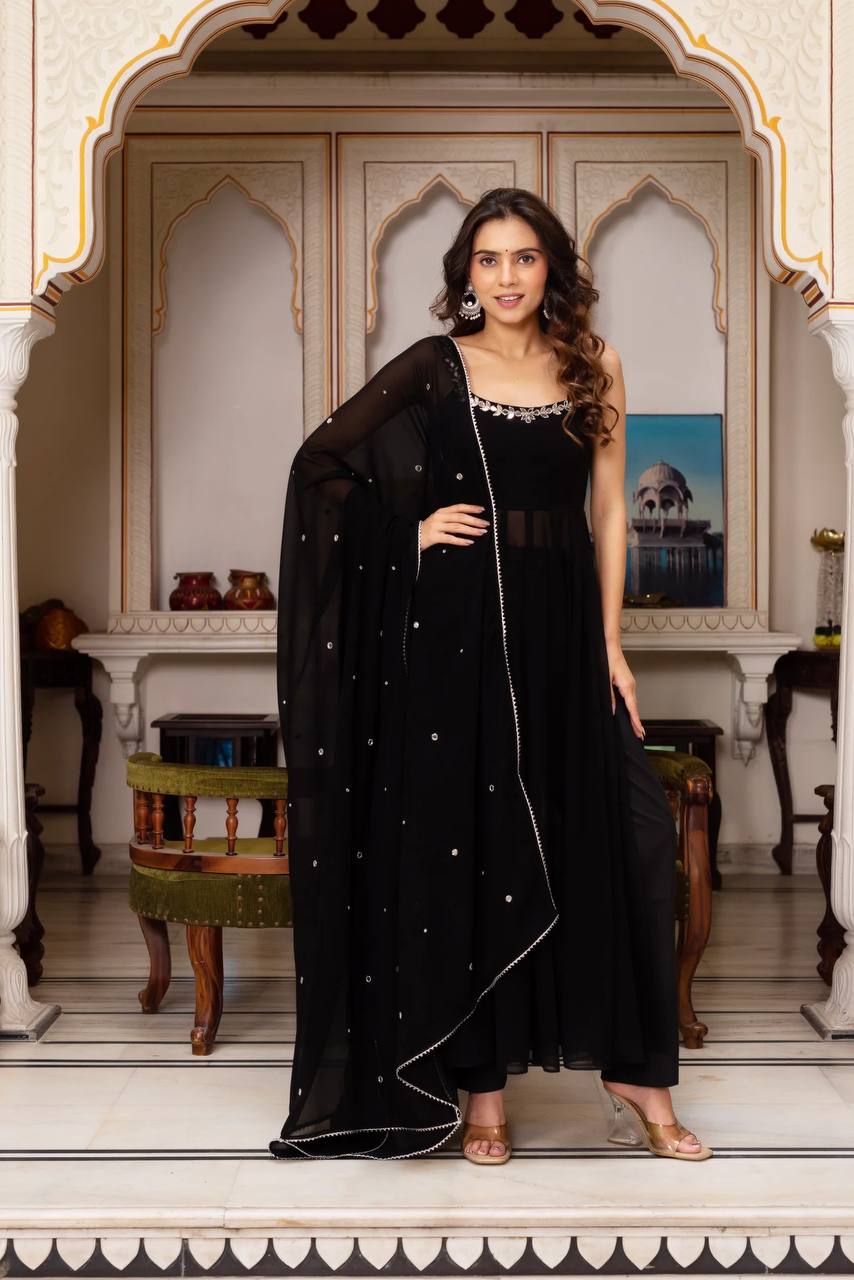 BLACK COLOR MIRROR WORK TOP AND PALAZZO WITH DUPATTA