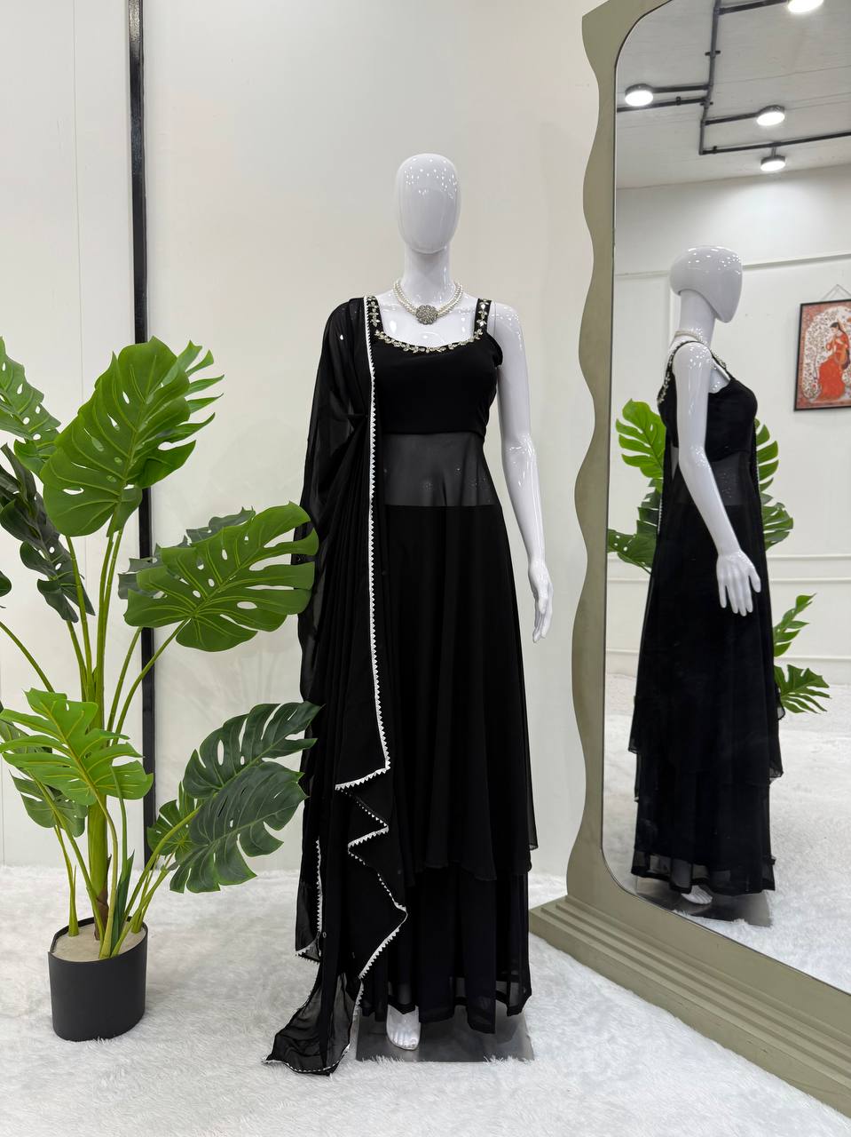 BLACK COLOR MIRROR WORK TOP AND PALAZZO WITH DUPATTA