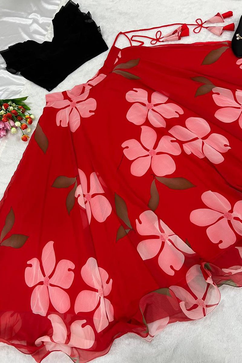 Designer Floral Print Black With Red Color Lehenga Choli