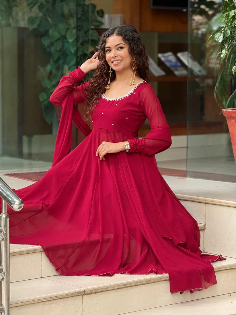 Georgette Anarkali Suit Set with Palazzo & Dupatta