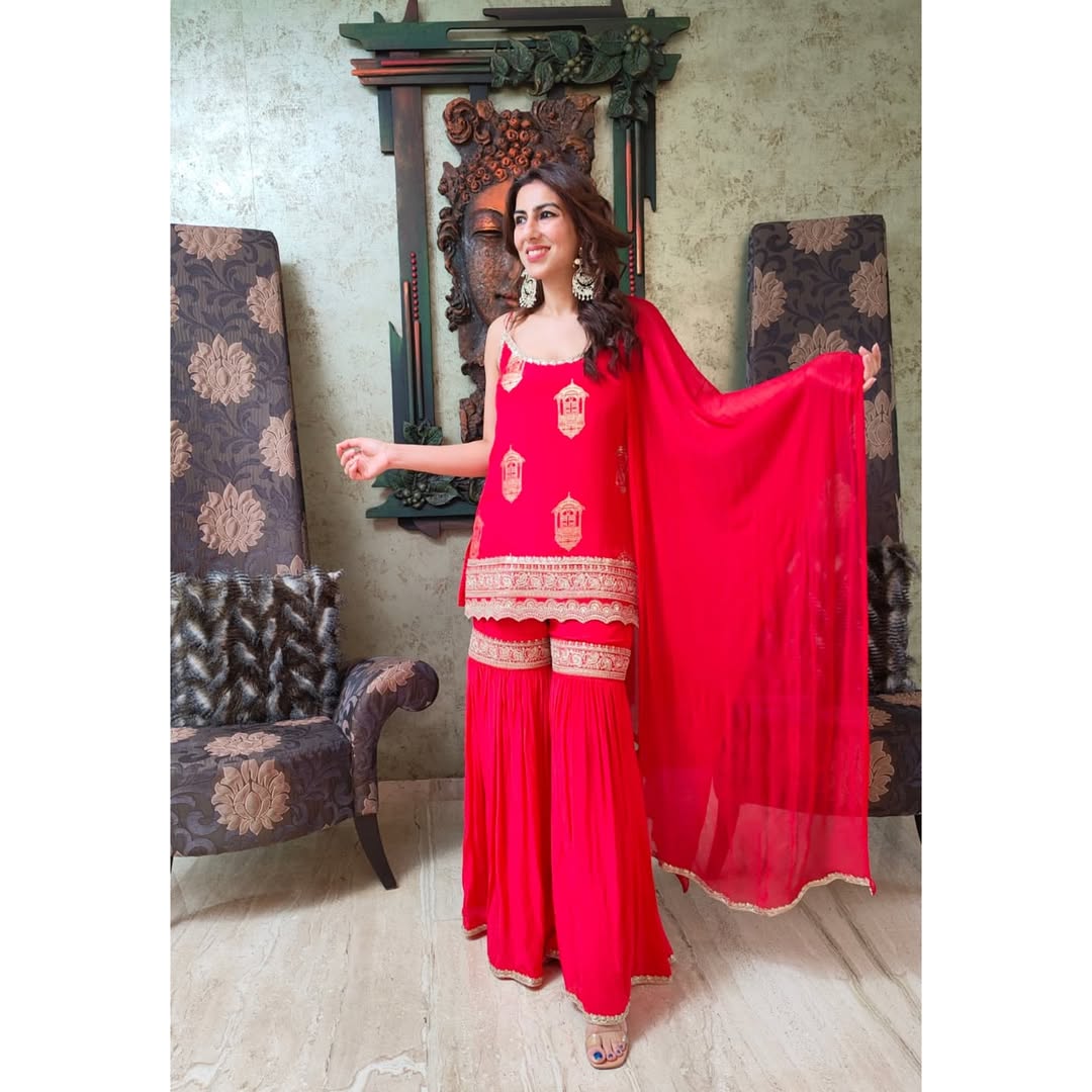 Embroidered Georgette Red Sharara Suit