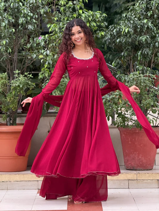 Georgette Anarkali Suit Set with Palazzo & Dupatta
