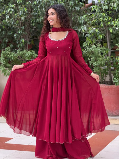 Georgette Anarkali Suit Set with Palazzo & Dupatta