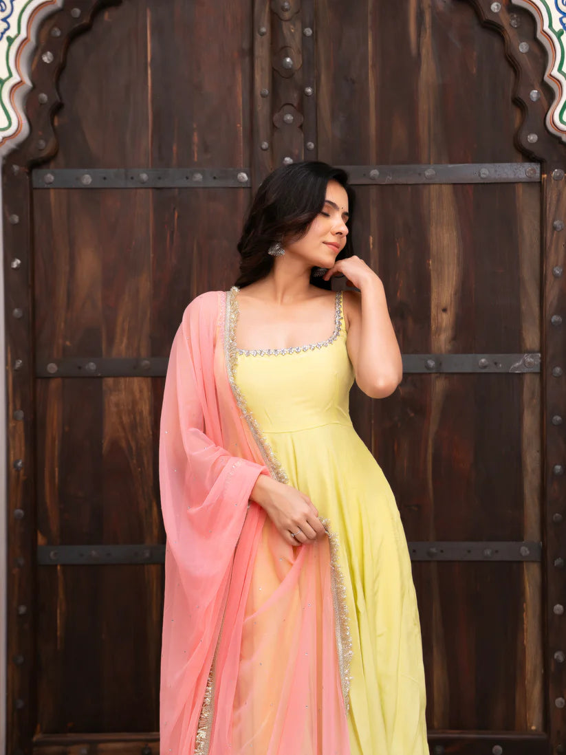 Designer Yellow Faux Georgette Anarkali Suit Set
