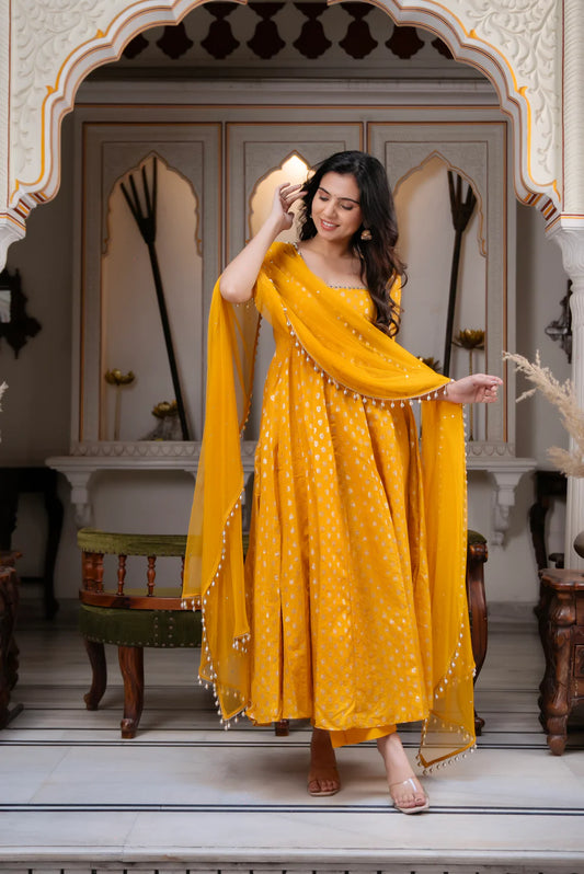 Marigold Yellow Jacquard Anarkali Suit