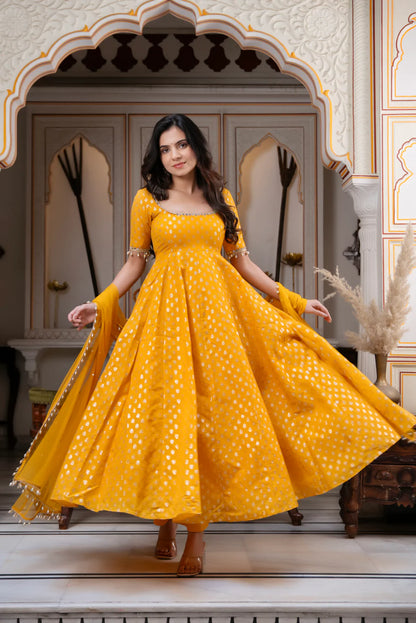 Marigold Yellow Jacquard Anarkali Suit