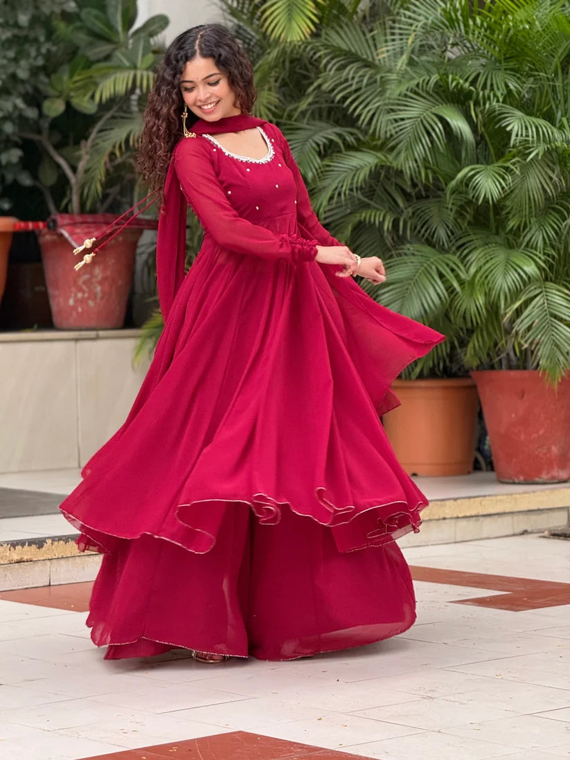 Georgette Anarkali Suit Set with Palazzo & Dupatta