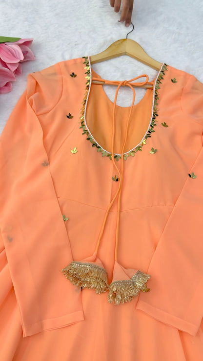 Orange Mirror work Anarkali Suit with Pant and Dupatta