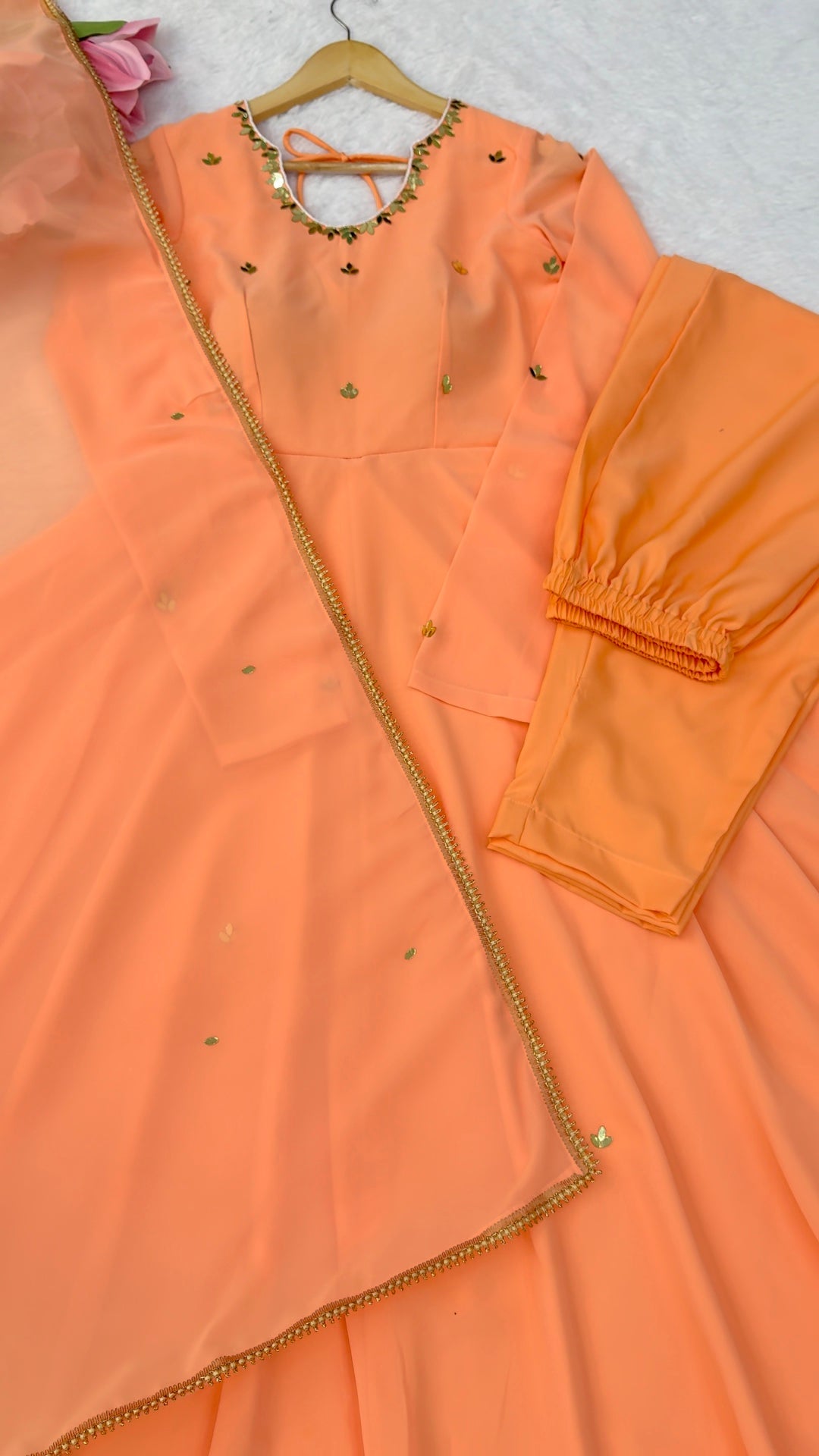 Orange Mirror work Anarkali Suit with Pant and Dupatta