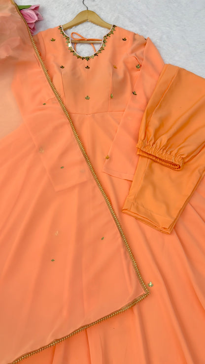 Orange Mirror work Anarkali Suit with Pant and Dupatta
