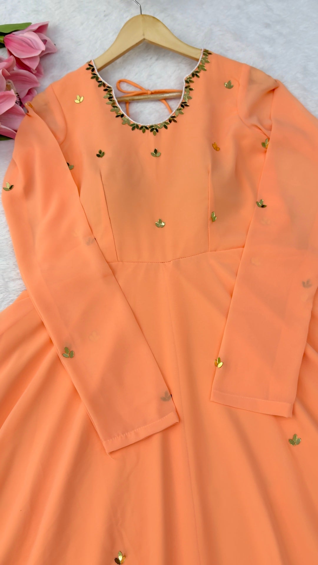 Orange Mirror work Anarkali Suit with Pant and Dupatta