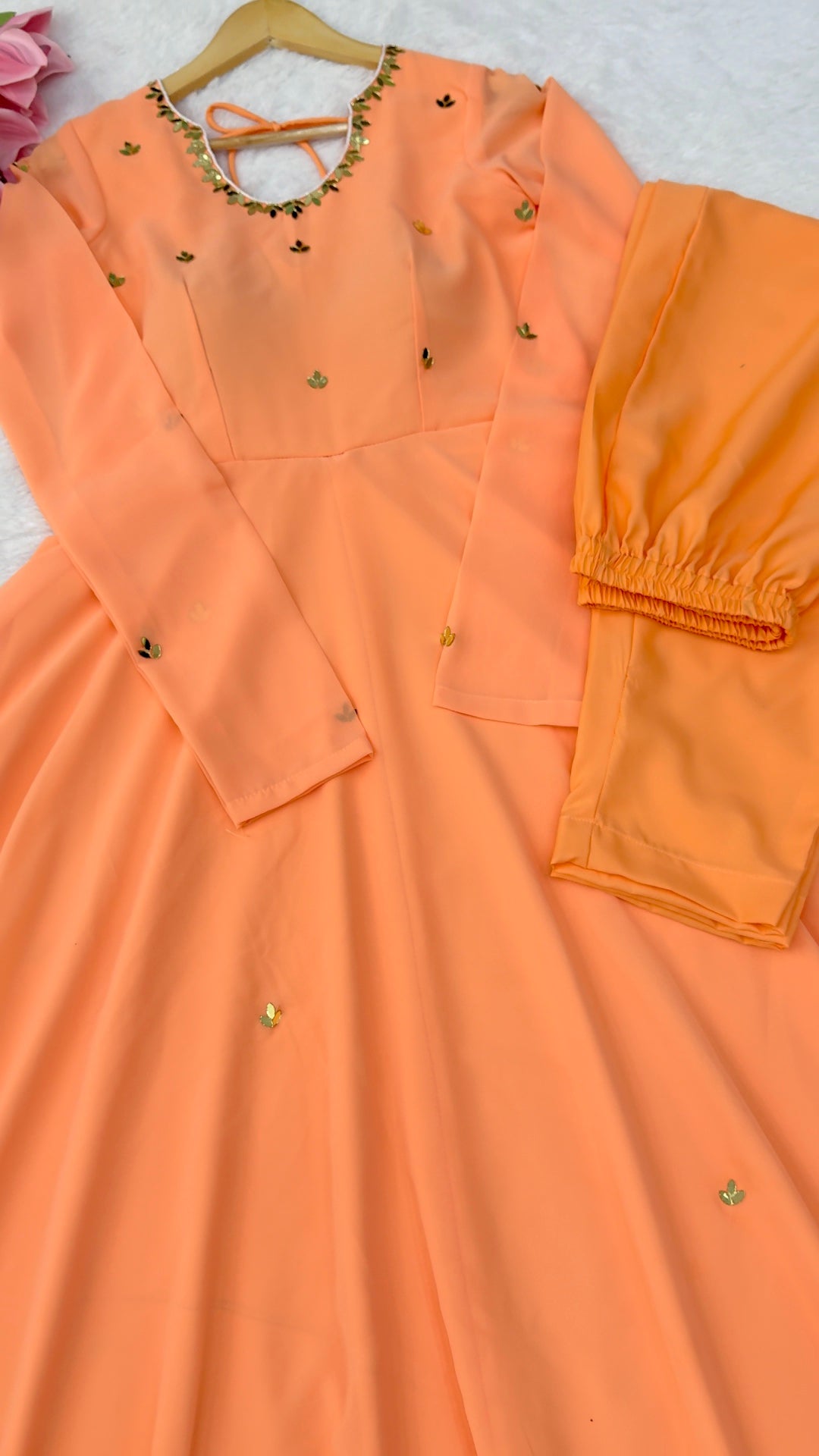 Orange Mirror work Anarkali Suit with Pant and Dupatta