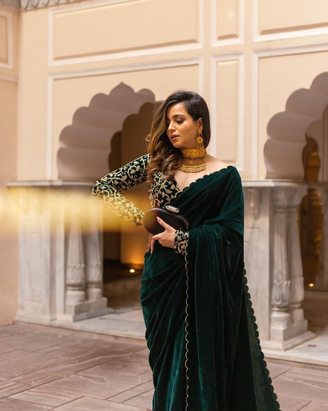 Pure velvet Dark Green Saree with Velvet blouse with heavy Sequence Work