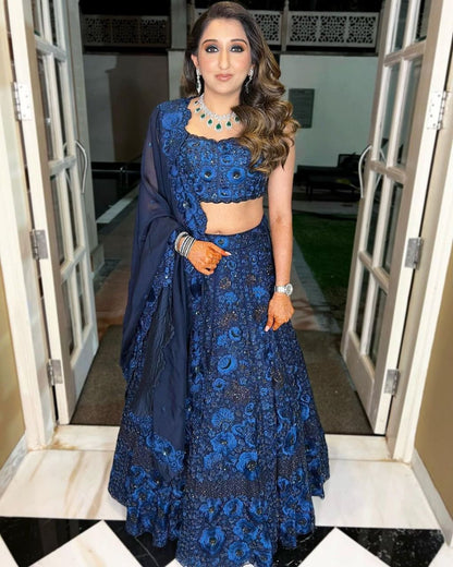 Navy Blue Floral Embroidered Georgette Lehenga Choli