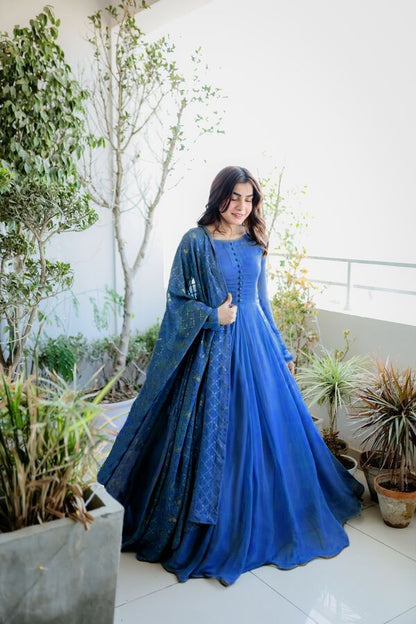 Sky Blue Faux Georgette Anarkali Style Fully Stitiched Gown