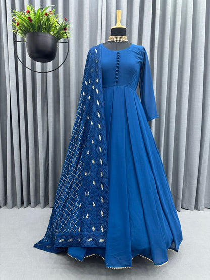 Sky Blue Faux Georgette Anarkali Style Fully Stitiched Gown