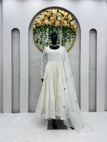 Most Beautiful White embroidered chikankari anarkali Gown KAALGI Most Beautiful White embroidered chikankari anarkali Gown KAALGI