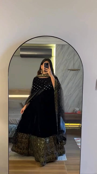 Trending Black Color Velvet Anarkali Gown with Dupatta