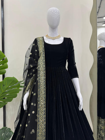Trending Black Color Velvet Anarkali Gown with Dupatta