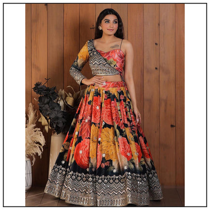 Multicolor georgette flower printed embroidered designer lehenga choli