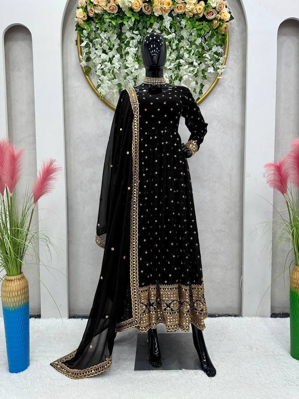 Party Wear Black Faux Georgette Sequence Work Gown