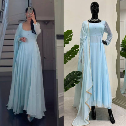 Presenting Sky blue mirror work Anarkali gown