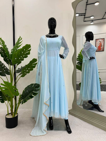 Presenting Sky blue mirror work Anarkali gown